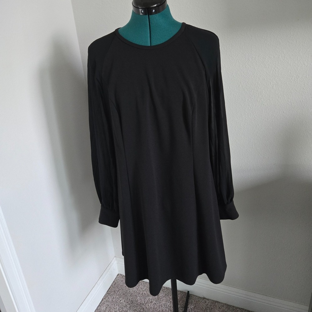 Calvin Klein Womens LBD Black Sheath Dress Sz 14 Long Sheer Sleeves Button Cuffs